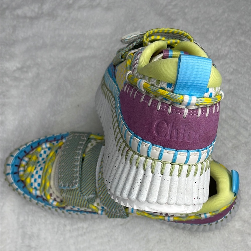 Chloe Vibrant Yellow and Blue Sneakers with Geometric Pattern - Picture 5 of 6